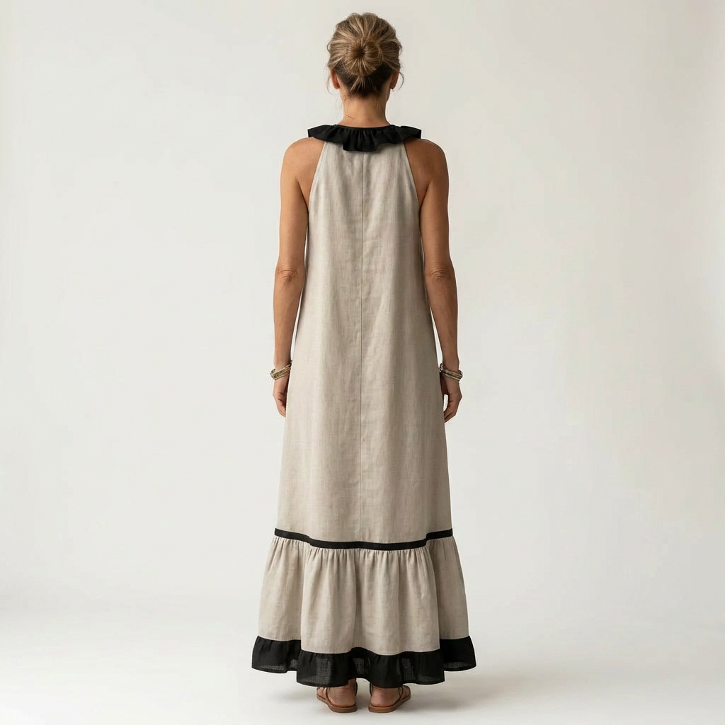 Mayline | Robe Maxi Sans Manches avec Col Volant et Bord Contrasté