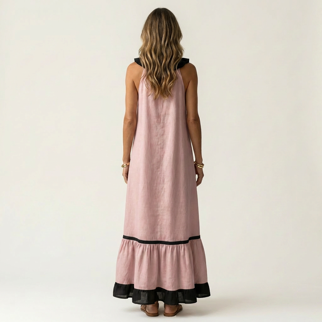 Mayline | Robe Maxi Sans Manches avec Col Volant et Bord Contrasté