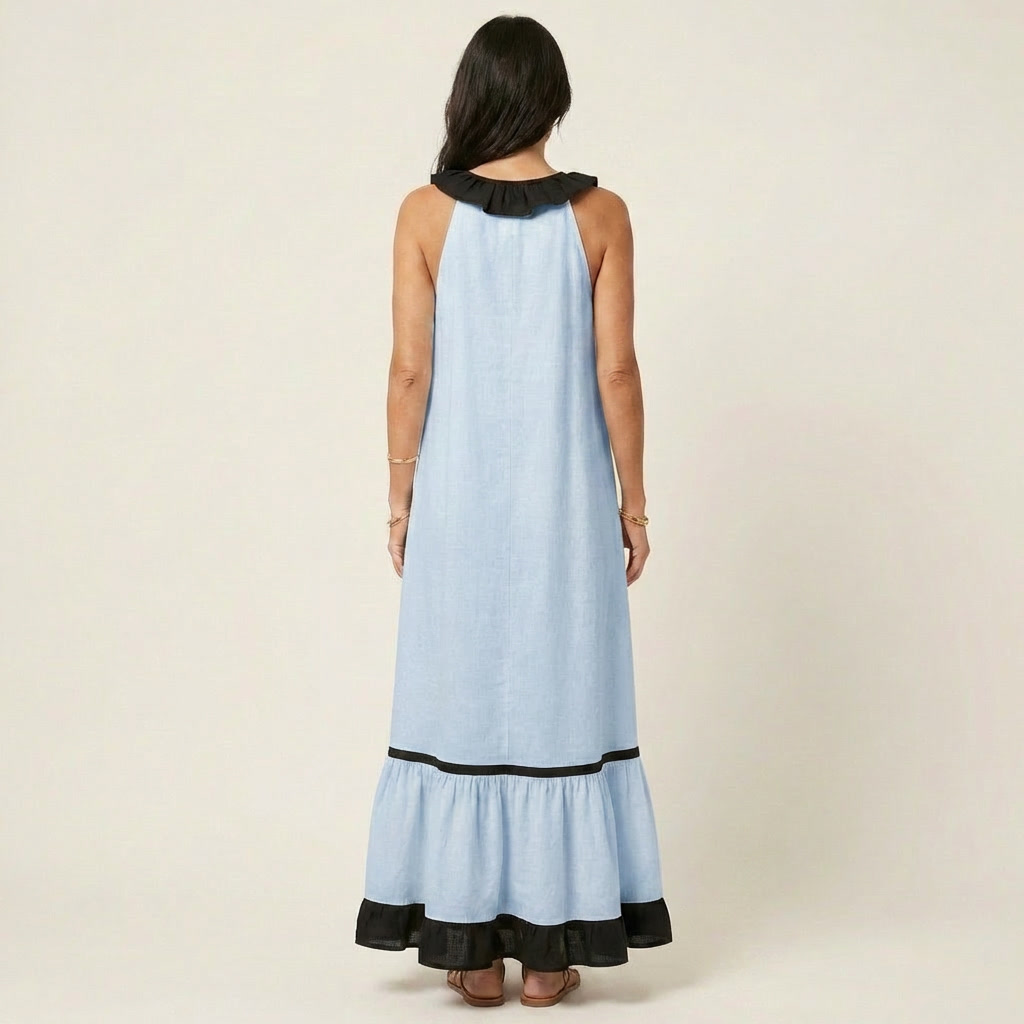 Mayline | Robe Maxi Sans Manches avec Col Volant et Bord Contrasté
