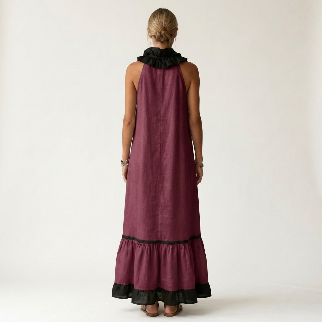 Mayline | Robe Maxi Sans Manches avec Col Volant et Bord Contrasté