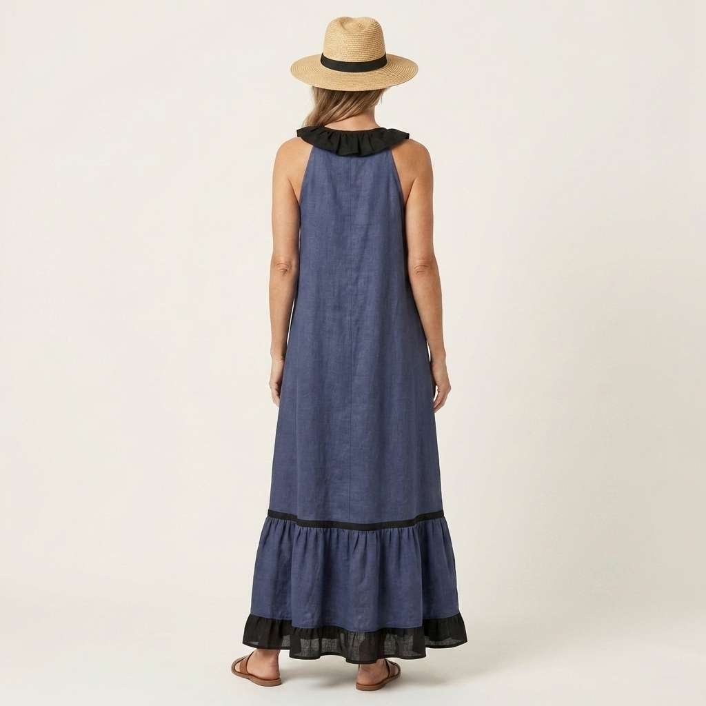 Mayline | Robe Maxi Sans Manches avec Col Volant et Bord Contrasté