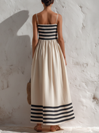 Oliwia | Robe longue à rayures noir-beige avec fines bretelles
