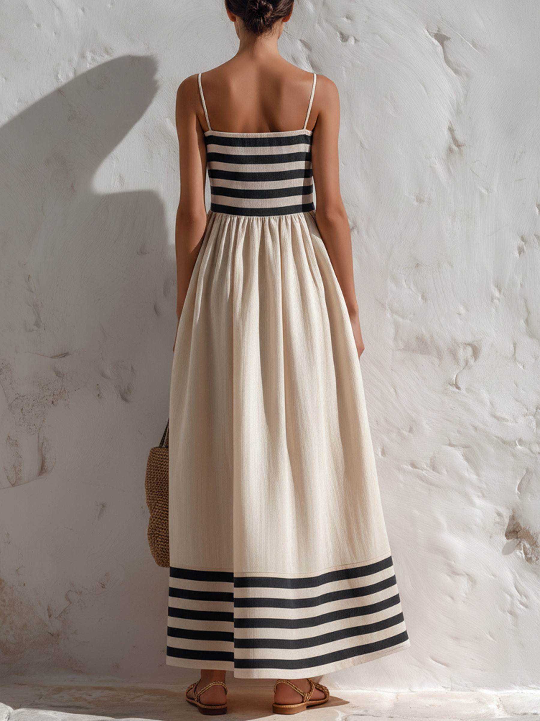 Oliwia | Robe longue à rayures noir-beige avec fines bretelles