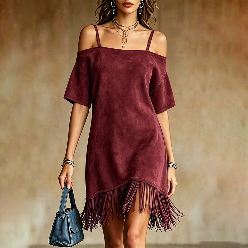 Lewina - Robe à Bretelles, Franges et Épaules Découvertes