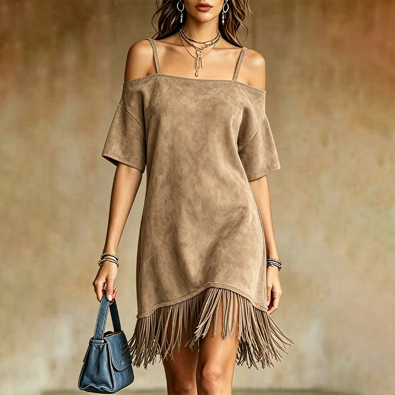 Lewina - Robe à Bretelles, Franges et Épaules Découvertes